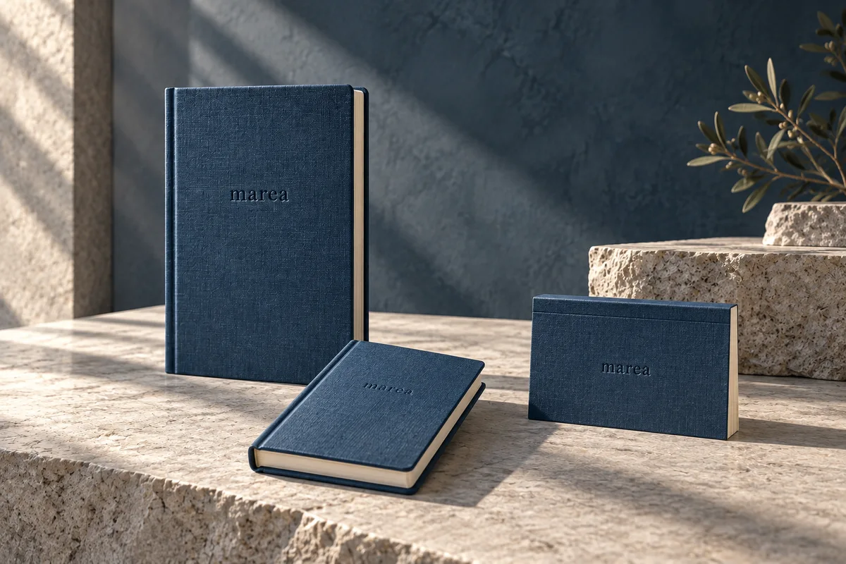 Colección Marea: cuadernos A5, A6 y bloc de notas de lino azul mineral sobre piedra clara.