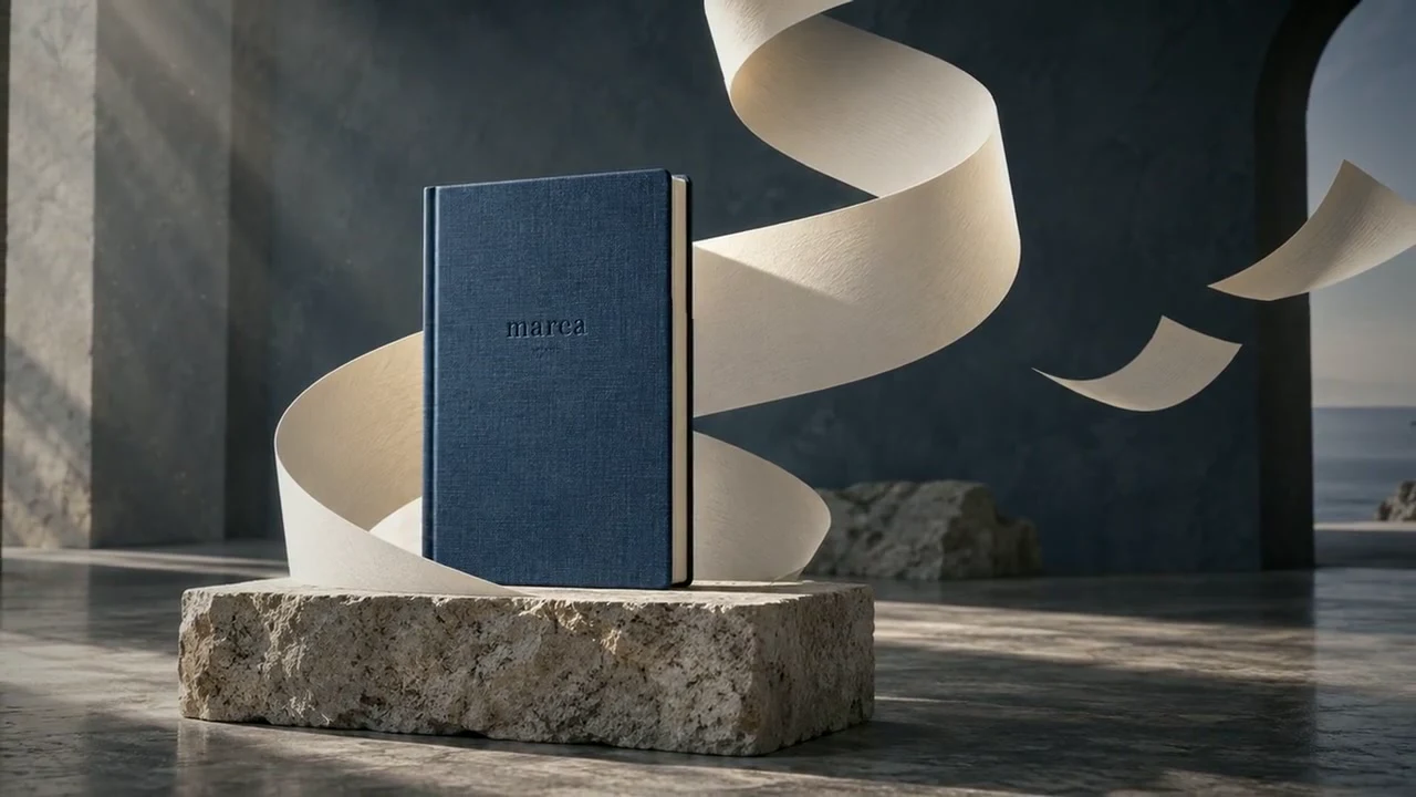 Cuaderno azul Marea sobre piedra, rodeado por una cinta de papel: fotograma de la película de Rolmo.
