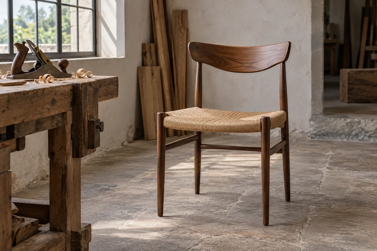 Silla de nogal con asiento de enea junto al banco de trabajo de un taller de mobiliario.