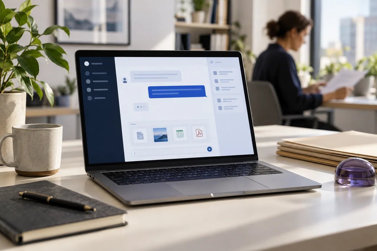 Un asistente digital junto a la documentación de un negocio.