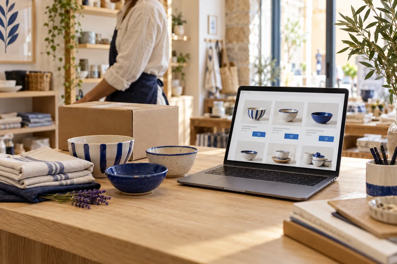 Un comercio prepara productos y pedidos junto a su tienda online.