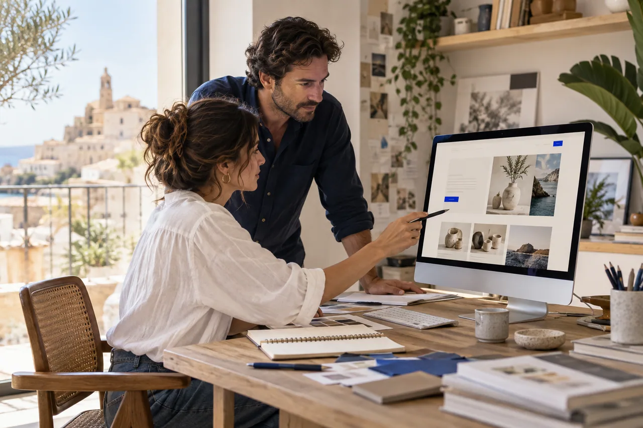 Dos profesionales trabajan en el diseño de una web en un estudio.