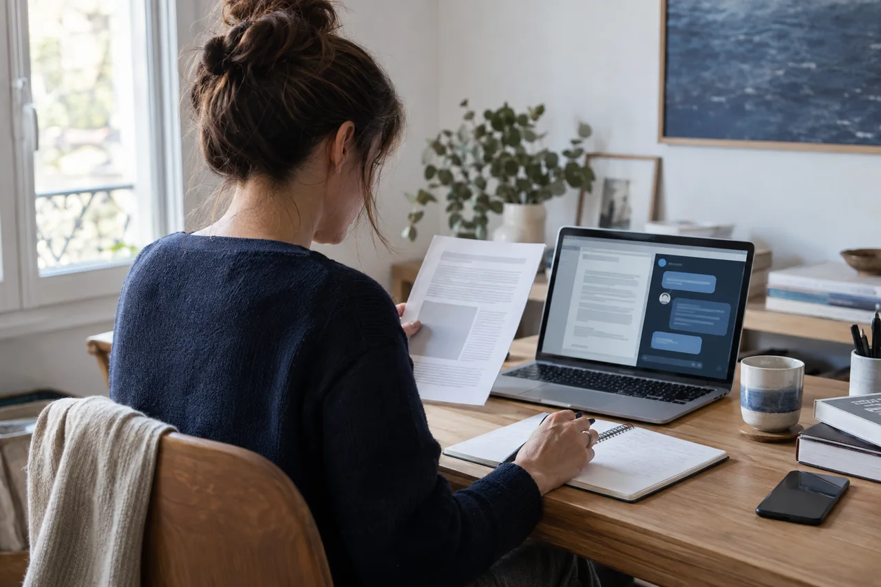 Una profesional revisa documentación junto a un asistente digital en su portátil.