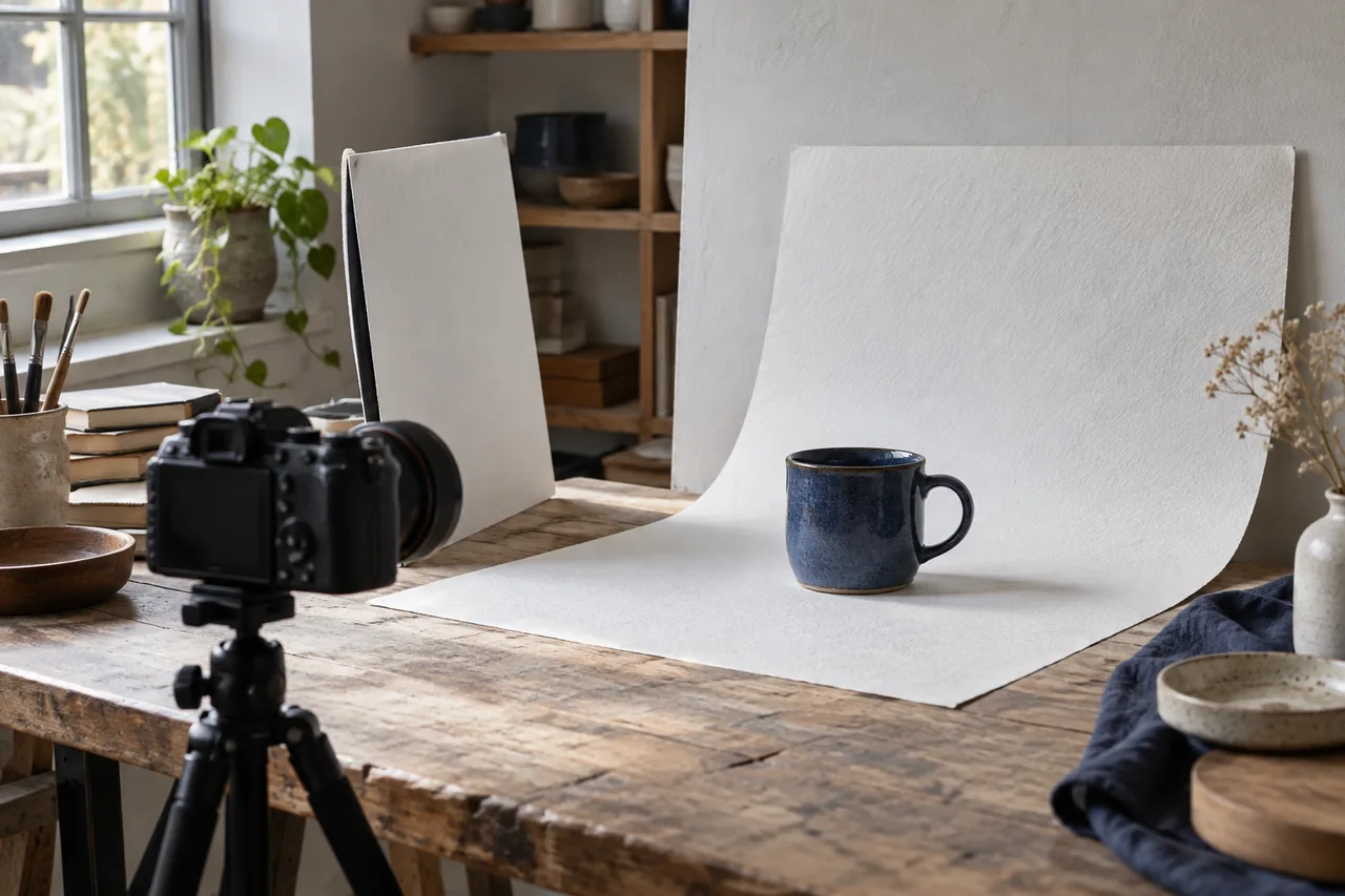 Una taza azul en un pequeño estudio de fotografía de producto con cámara y reflector.