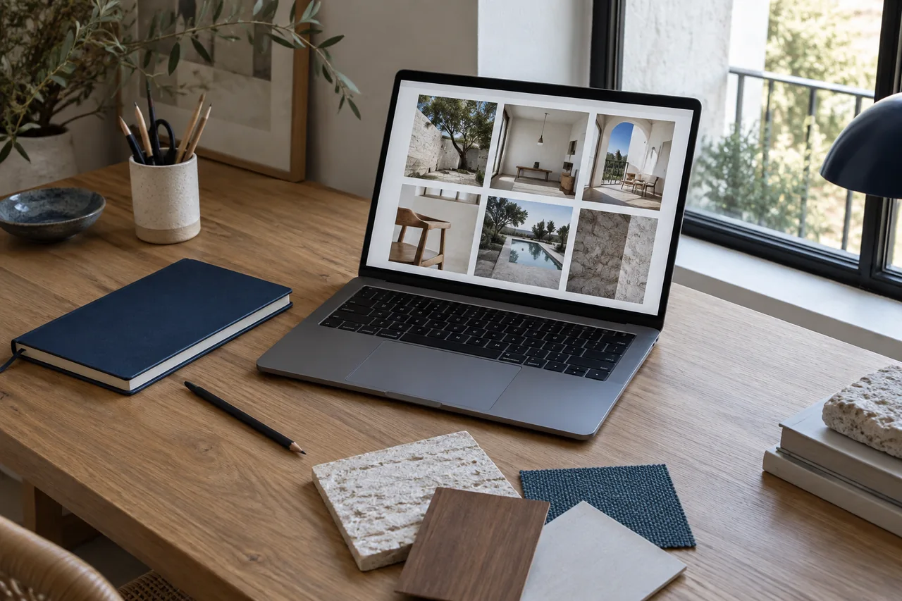 Portátil con un portfolio web sobre una mesa con muestras de materiales y un cuaderno azul.