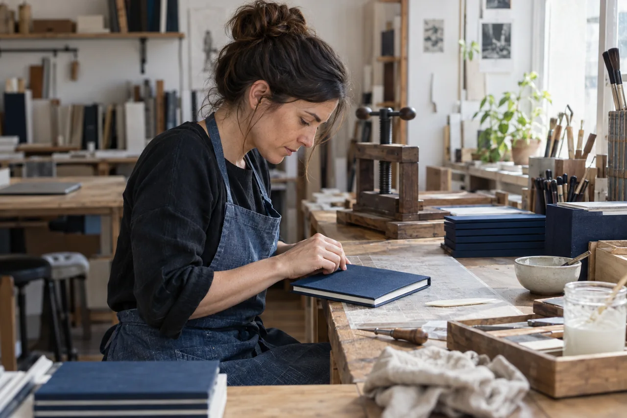 Un profesional trabaja en la encuadernación de una libreta en su taller.